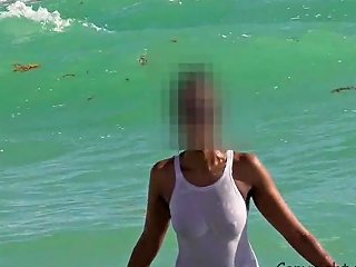 White See Through Swimsuit On Public Beach Free Hd Porn 1f