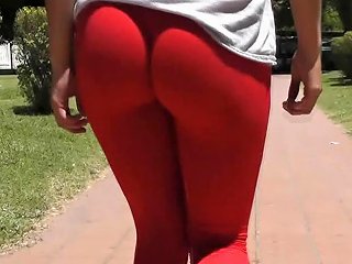 Incredible Ass And Cameltoe At The Park In Hot Red Pants